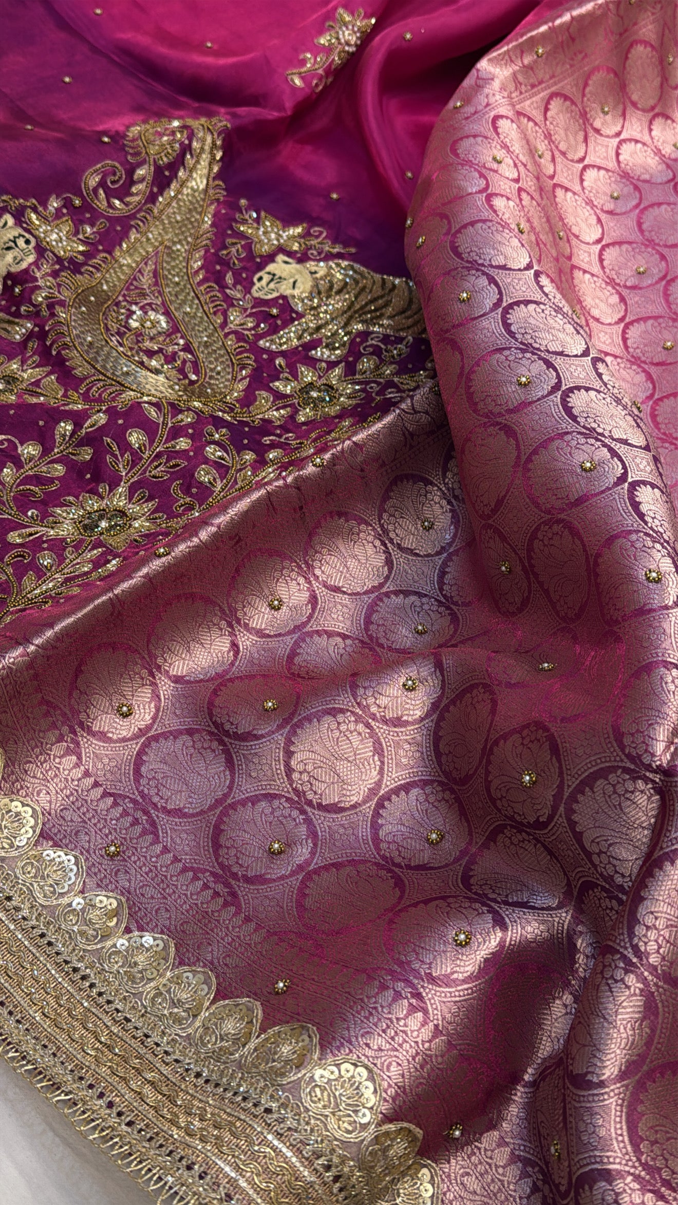 Magenta pink husn cheetah work hand embroidered tissue silk kadhwa saree